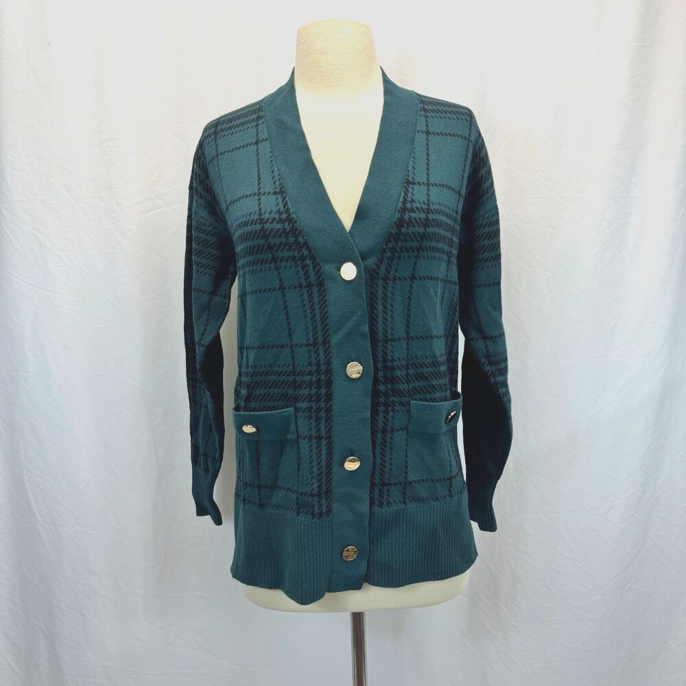 LOFT Women's Plaid Cardigan XS Green Black Gold Button Academia Old Money Preppy